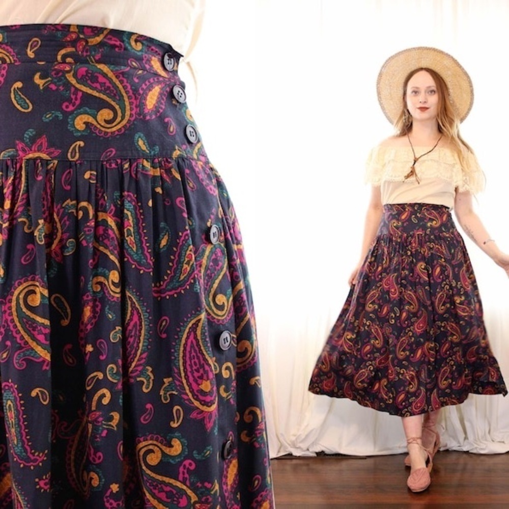 🦋 Vintage Rena Rowan Blue Pink A-Line Midi Skirt Paisley Boho Bohemian Colorful